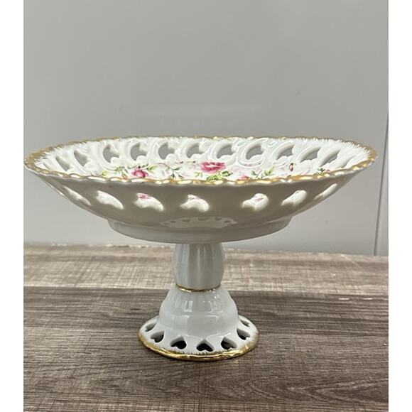 VTG Lefton Pink Roses Floral Chintz Footed Plate Pedestal Serving Dish *READ* - Picture 1 of 8